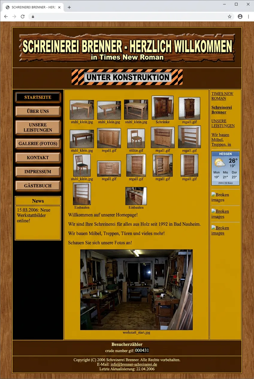 Schreinerei Brenner — Website vorher (veraltetes Design)
